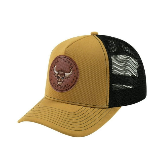 Unisex V2 Embroidered And Laser-Engraved Taurus Zodiac (April 20, May 20), 5-Panel Trucker Hat, Light Brown/Black, Adjustable Fit