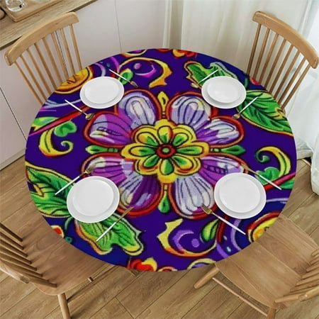 

nygtbtfer Mexican Tiles Round Fitted Tablecloth with Elastic Edge Geometric Flower Polyester Table Cloth Fits Round Tables Table Covers for Indoor Outdoor Picnic 31-35