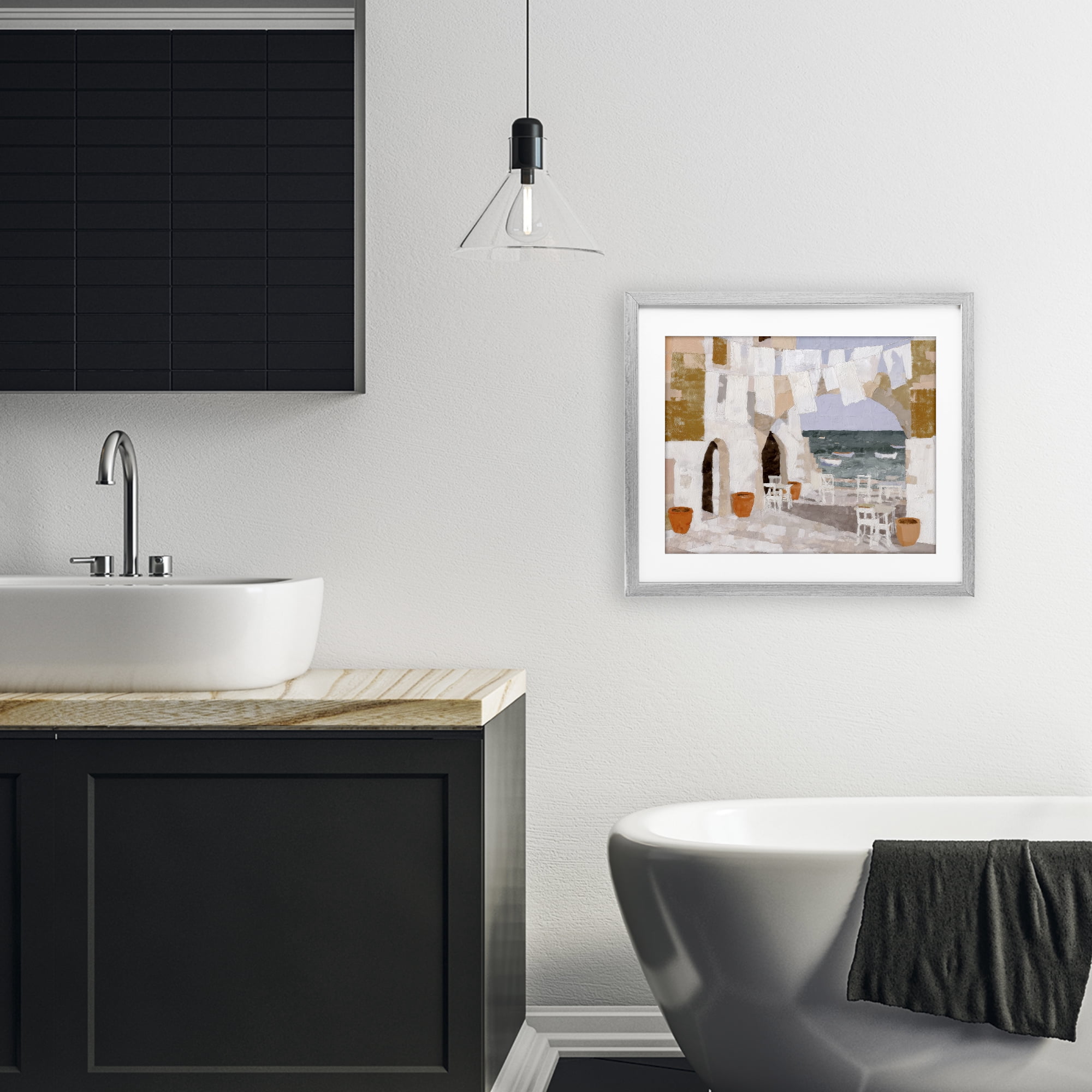 Stupell Industries Coastal Village Plaza Laundry Gray Framed Print Under Glass, design by Chromatic Storm Studio