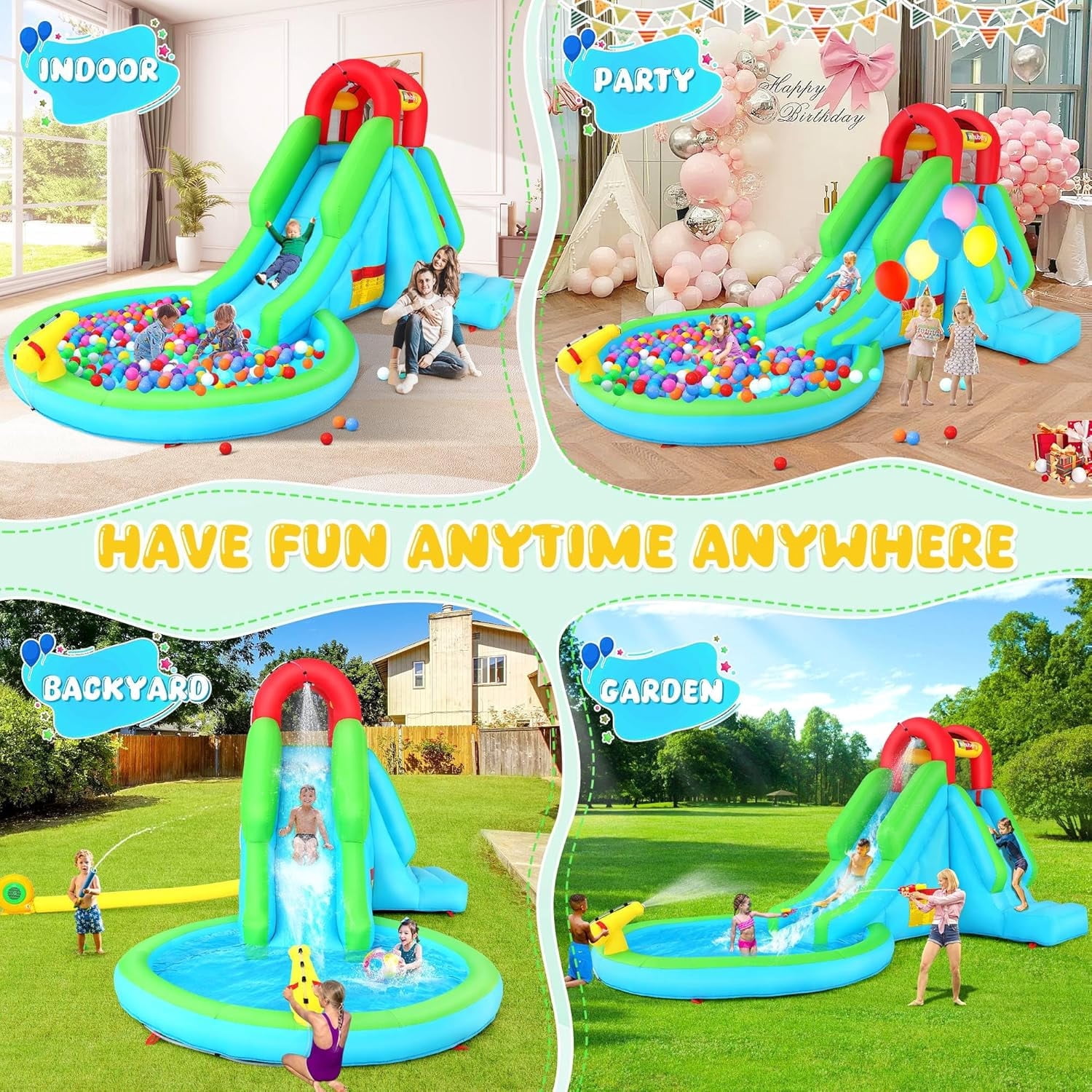 Inflatable Bounce House for Kids 3-10, Inflatable Water Slide with 322W Blower, Bouncy Castle with Large Pool/Ball Pit, Climbing Wall, Outdoor/Indoor, Party, Birthday