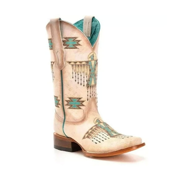 CORRAL Adult Female White-Turquoise Embroidery Square Toe Western Boots, Size: 5 (Z5219-5)