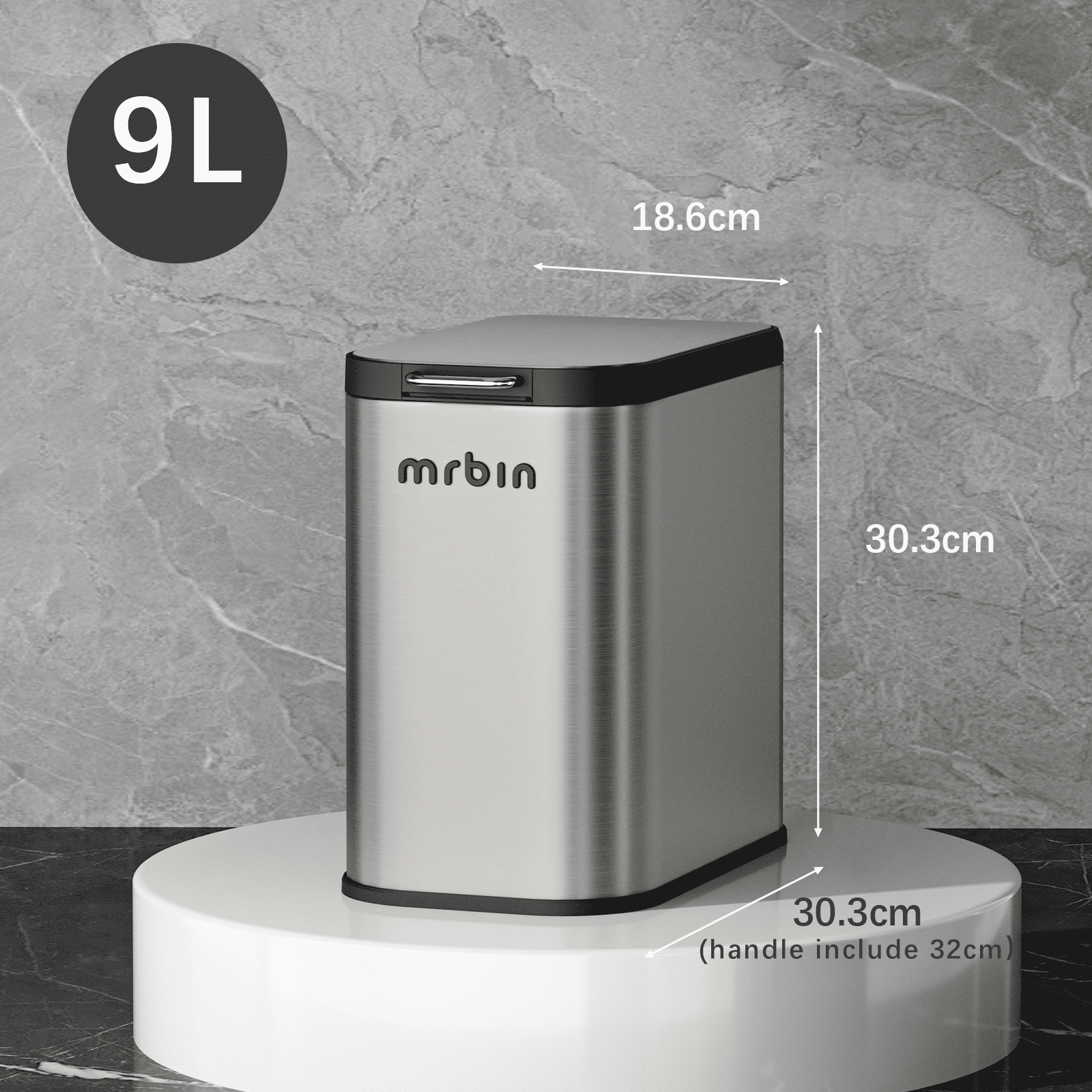Mrbin Stainless Steel Bathroom Trash Can with Press Top Lid, 9L / 2.4gal Small Slim Metal Toilet Waste Basket for Narrow Bedroom, Kitchen, Vanity, Eclipse-Grey