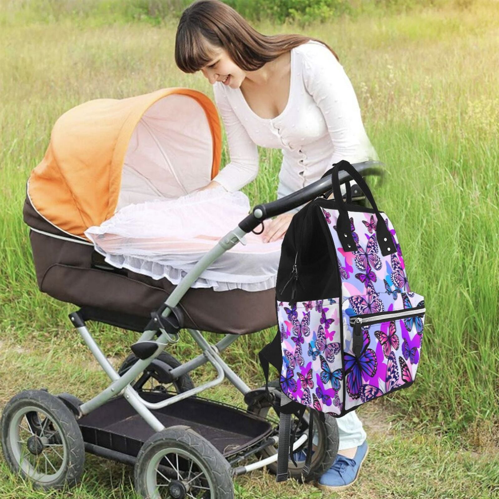 Ratiio Flying Butterflies Mummy Backpack - Waterproof Twill Canvas, Large Capacity Diaper Bag with Multiple Pockets and Adjustable Straps