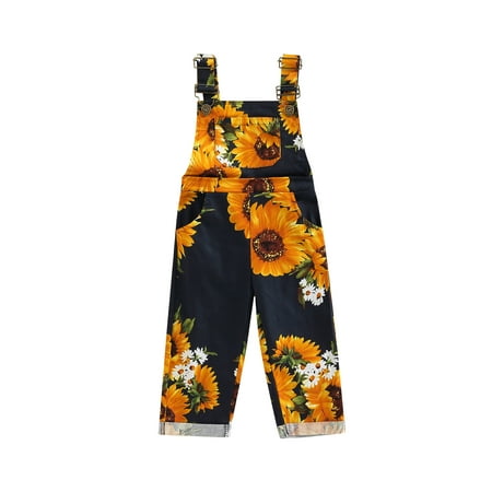 

Licupiee Kid Girl Suspenders Long Pants Sunflower Printed Wide Strap Metal Buckle Pockets Overalls Casual Jumpsuit