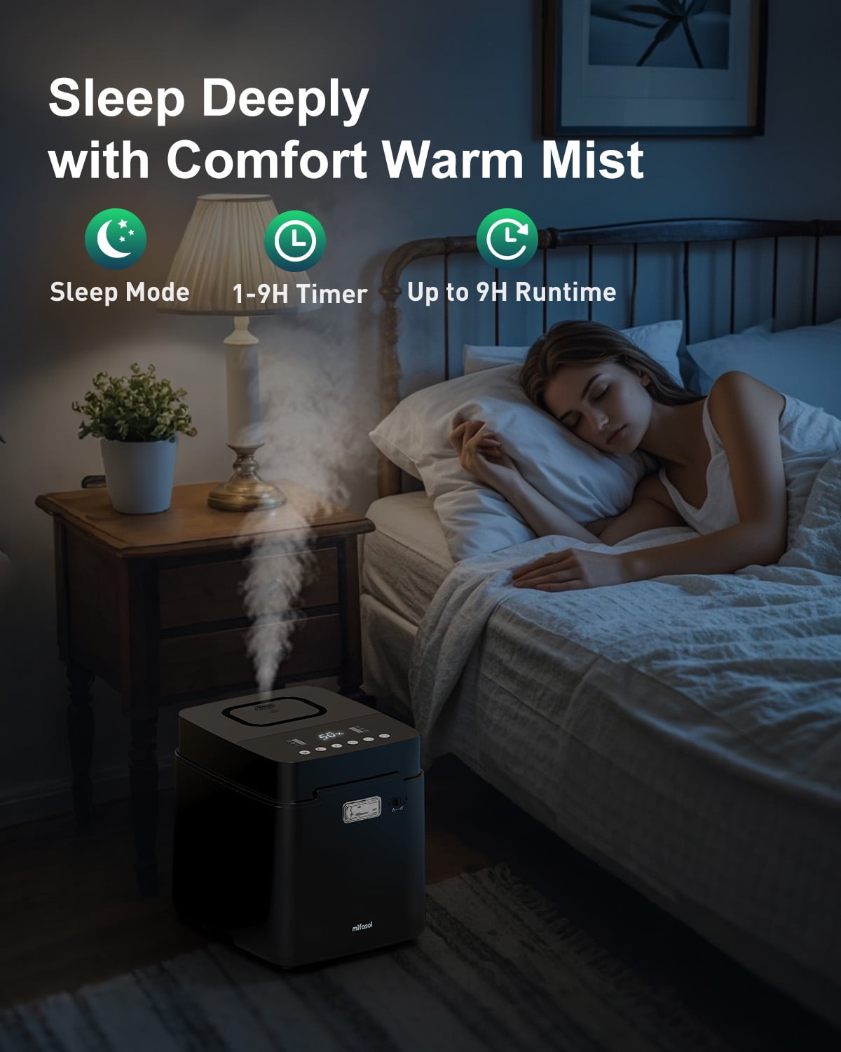 Stainless Steel Humidifier for room, 3.3L Warm Mist Humidifiers for Bedroom, Easy Clean Steam Humidifiers for Home, Dishwasher Safe Humidifier Large Room, Black
