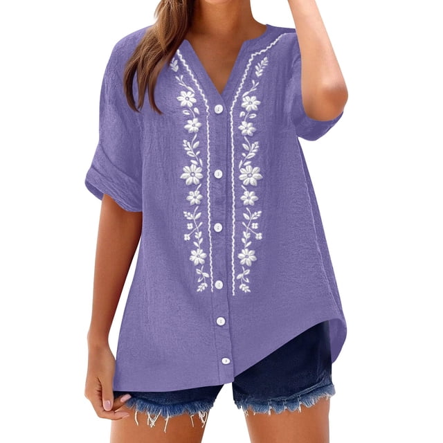 Camisetas de Cuello en V de Manga Corta para las Mujeres Casual Suelto Cuello Redondo Blusa de Verano Camisetas Cuello en V de las Mujeres