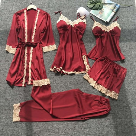 

SELONE Pajama Set for Women Plus Size Lingerie Lace Robe Sleeveless 5 Piece Fashion Lingerie Dress Nightdress Nightgown Sleepwear Nightgowns for Valentines Day Anniversary Wedding Honeymoon Wine L