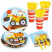 DECORLIFE Construction Birthday Party Supplies Serves 16, Party Plates and Cups and Napkins Sets, Knives, Forks, Spoons Included, Total 112PCS