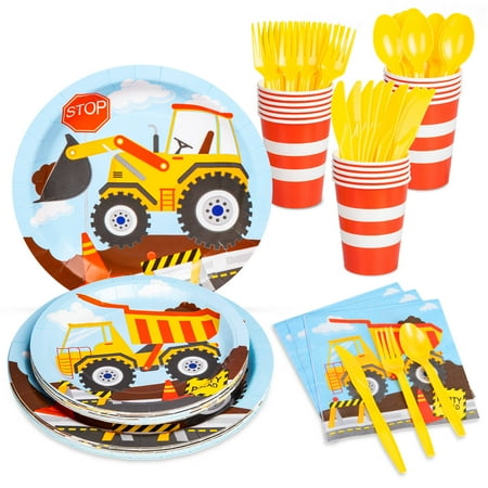 DECORLIFE Construction Birthday Party Supplies Serves 16, Party Plates and Cups and Napkins Sets, Knives, Forks, Spoons Included, Total 112PCS