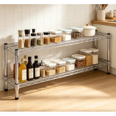 8"D x 42"W Chrome Wire Shelving with 2 Tiers, 800 lbs Capacity Each, Modern, Contemporary, Industrial Style