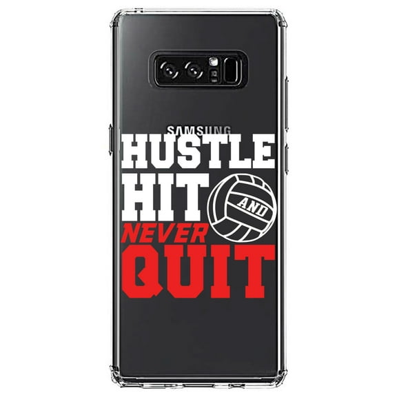 DistinctInk Clear Shockproof Hybrid Case for Samsung Galaxy Note 8 - TPU Bumper Acrylic Back Tempered Glass Screen Protector - Hustle Hit Never Quit Volleyball