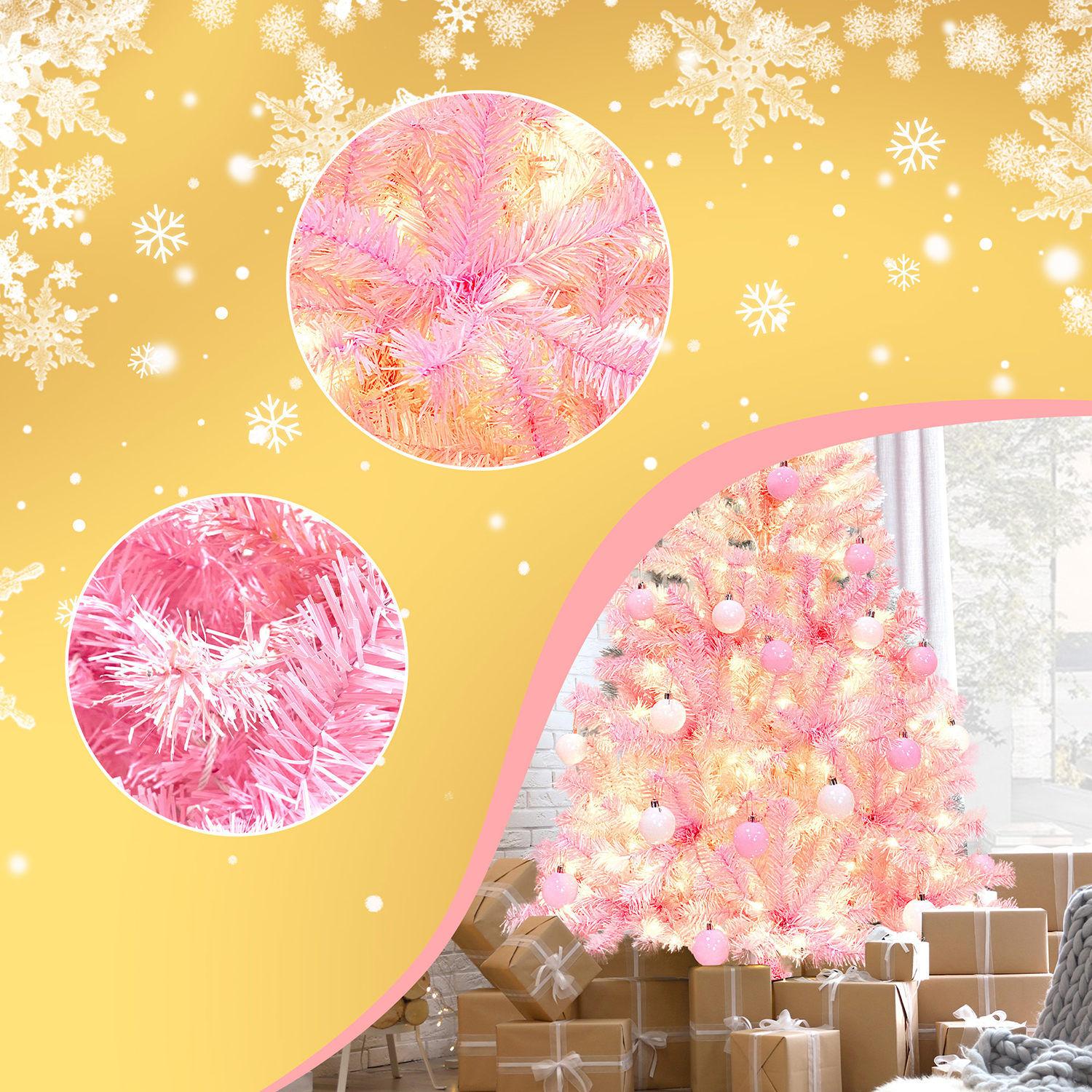 Kadyn Pre-lit Artificial Christmas 2-Piece Set, Xmas Tree 5FT Pink Christmas Tree with 6 feet Garland X-mas, Pink