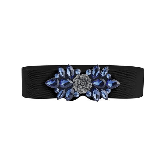 Cinturones elásticos para mujer, banda de cintura vintage elegante con flor de rosa de strass para vestido abrigo 90x6cm/35.4x2.4" Banda negra-azul