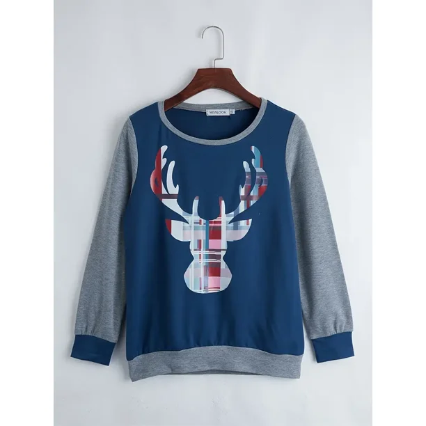 Camisetas de manga larga con cuello redondo y estampado de alces navideños para mujer, camisetas informales, ropa de mujer zhangyuxiang unisex