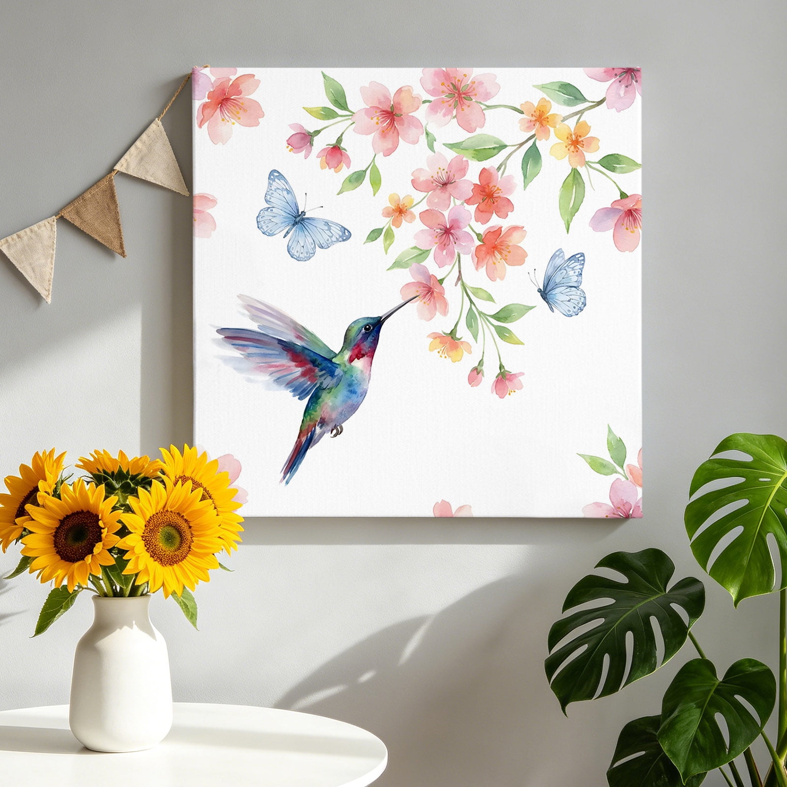 Spring Bird Canvas Wall Art for Living Room Pink Orange Flower Watercolor Blue Butterfly Country Wall Decor Framed Artwork Pictures Ready to Hang for Bedroom Office Home Decor 8x8 Inch