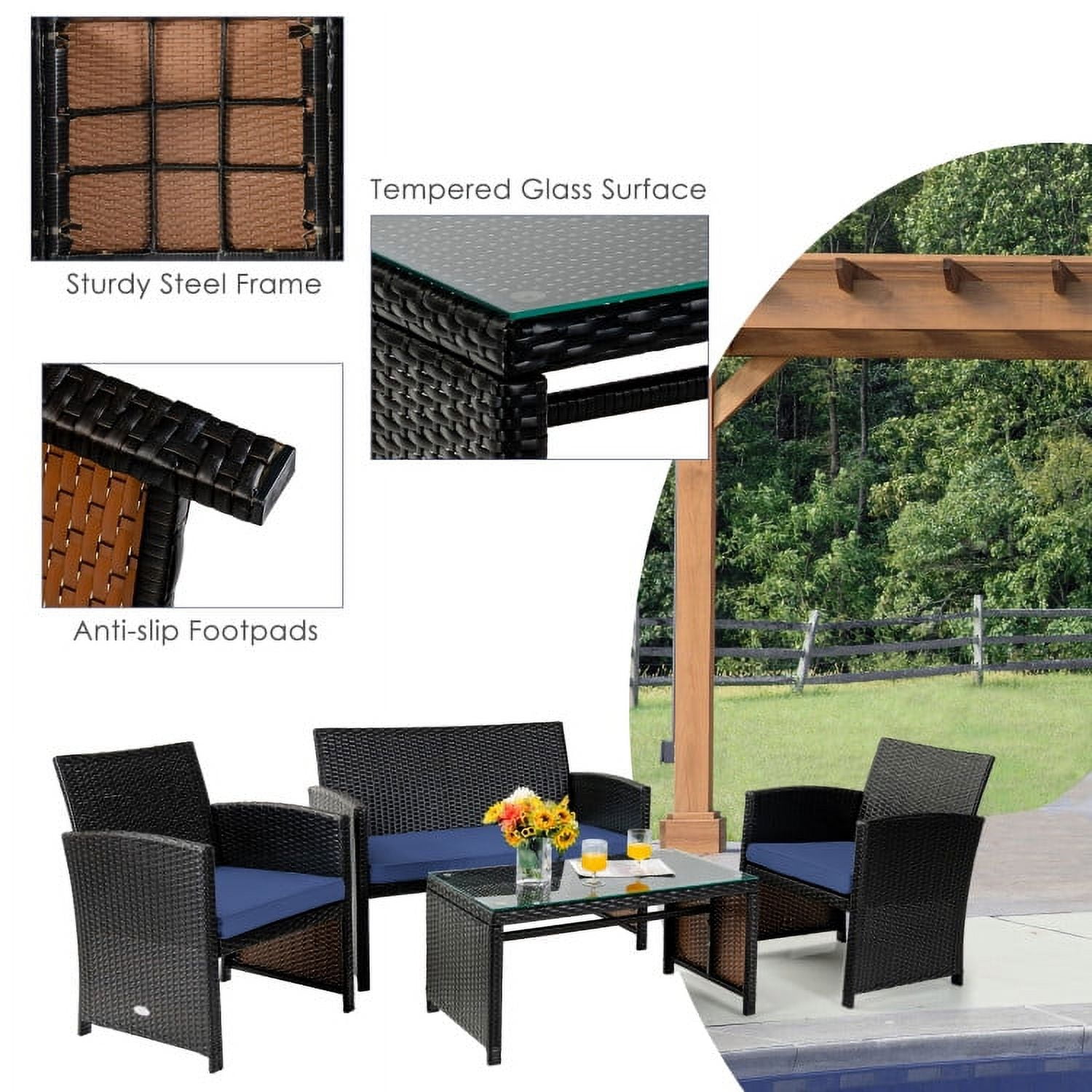 Aimee Lii 4 Pieces Wicker Patio Furniture Set, Coffee Table Cushioned Sofa, Modern Patio Furniture, Navy Aimee Lii 4 Pieces Wicker Patio Furniture Set, Coffee Table Cushioned Sofa, Modern Patio Furniture, Navy