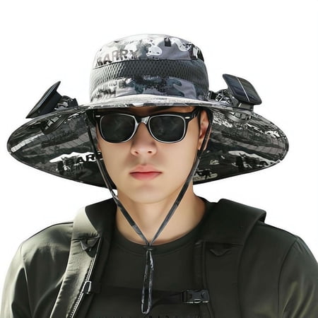 Solar Fan Hat Hat Fan for Men Women Wide Brim Fishing Hat Dual Cooling Fans Solar Powered UPF 50+ Sun Protection