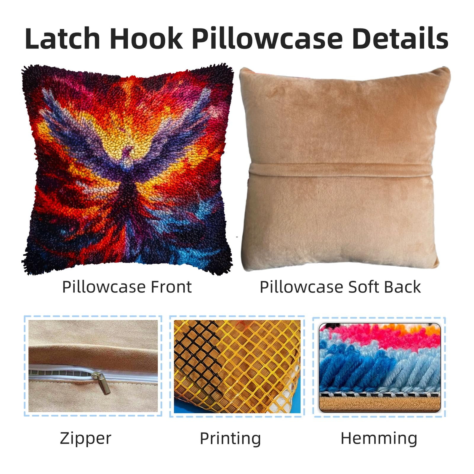Flying Bird in Fire DIY Latch Hook Pillow Kits for Adults Printed Pillowcase Crochet Yarns Hooking Handmade Pillow Cover Cushion for Home Sofa Decoration 17x17inch(1)