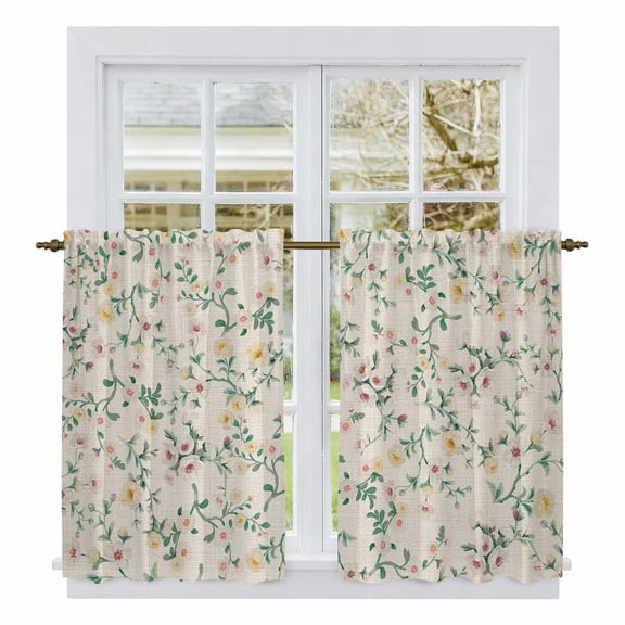 Spring Flowers Kitchen Curtains 54 Inch Length, Yellow Pink Floral Leaves Vintage Country Plants Tiers Curtains for Bathroom Bedroom Cafe, Light Filtering Window Treatment Drapes 2 Panels 42"Wx54"L