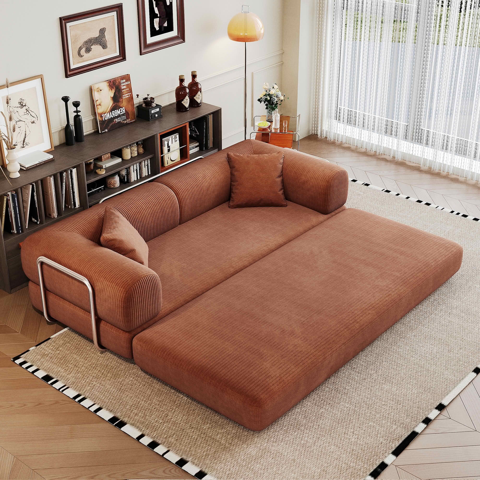 MAYEERTY 78.8 Inch Compression Convertible Floor Sofa Bed, Boneless Modular Sectional Loveseat Couch with Pillow Back & Armrest, Plush Corduroy Futon Sleeper Sofa for Living Room Bedroom