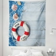 thumbnail image 1 of Ocean Tapestry, Welcome on Board Message on Life with Fishing Net Seashell Wood Floor of Boat, Fabric Wall Hanging Decor for Bedroom Living Room Dorm, 5 Sizes, Dust Blue Red, by Ambesonne, 1 of 1
