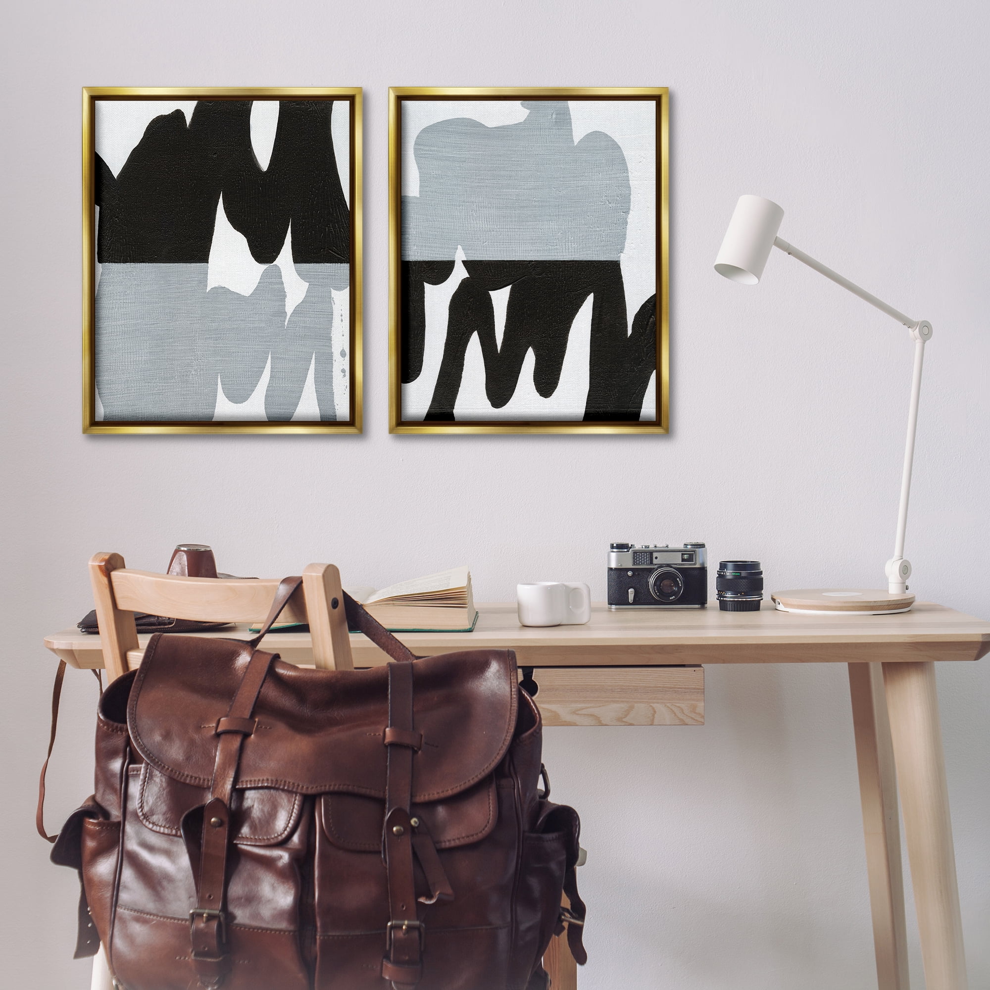 Stupell Industries Veiled Black and White Abstract Abstract Painting Gold Floater Framed Canvas Art Print Wall Art, 31 x 25, Set of 2