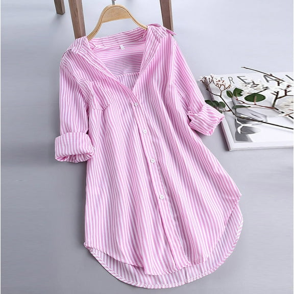 Puntoco Womens clothes clearance,Women Chic Stripe Long Sleeve Turn-Down Collar Button Loose Top Shirts Blouse Pink