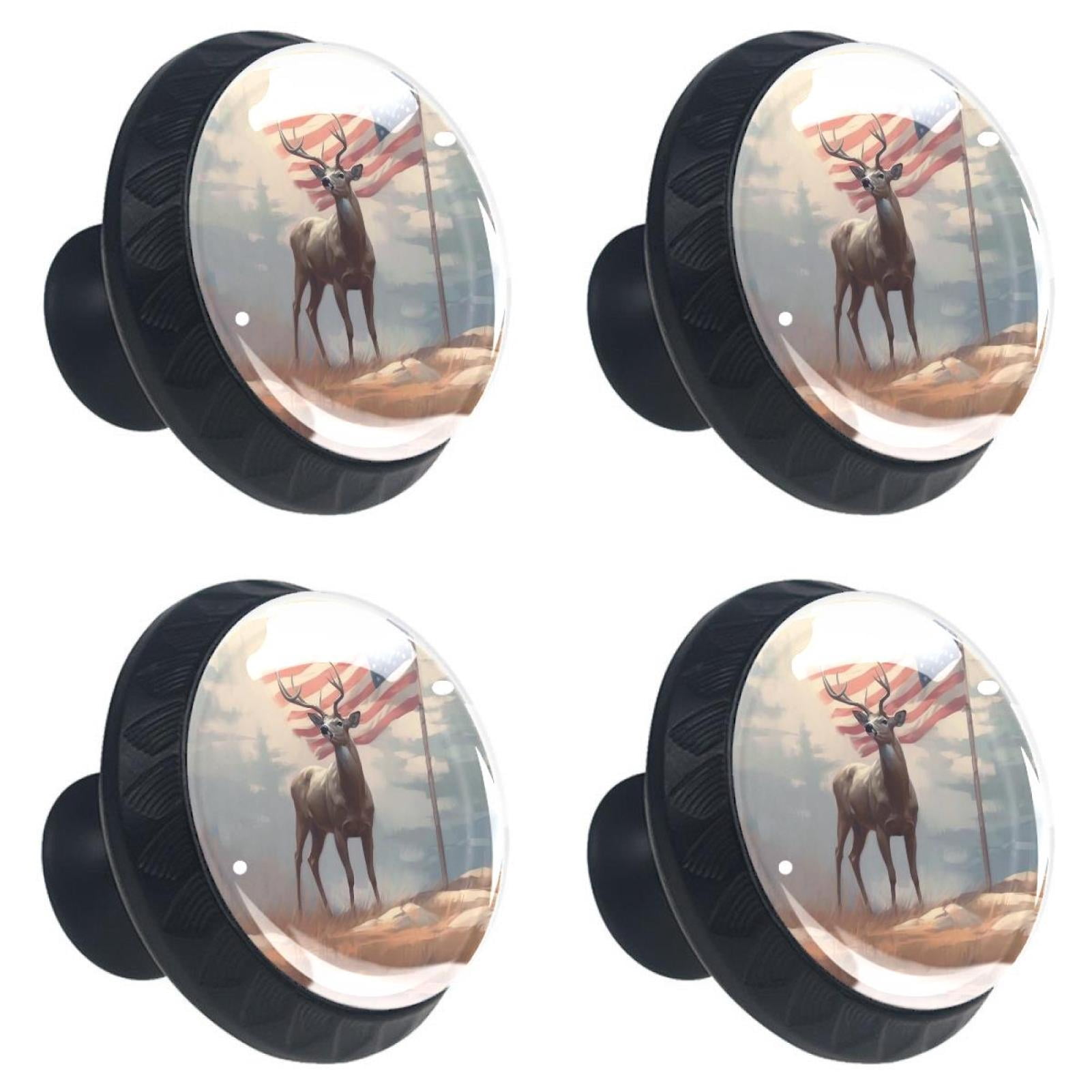 4 Pcs Deer and American Flag Knobs for Kitchen Cabinet Cupboard Dresser Bookcase Drawer Pulls Handles Round Home Decor