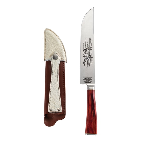 Tramontina Churrasco BBQ 7-Inch Forged High-Carbon Stainless Steel Gaucho Style Knife with Leather Sheath, Red Polywood Handle