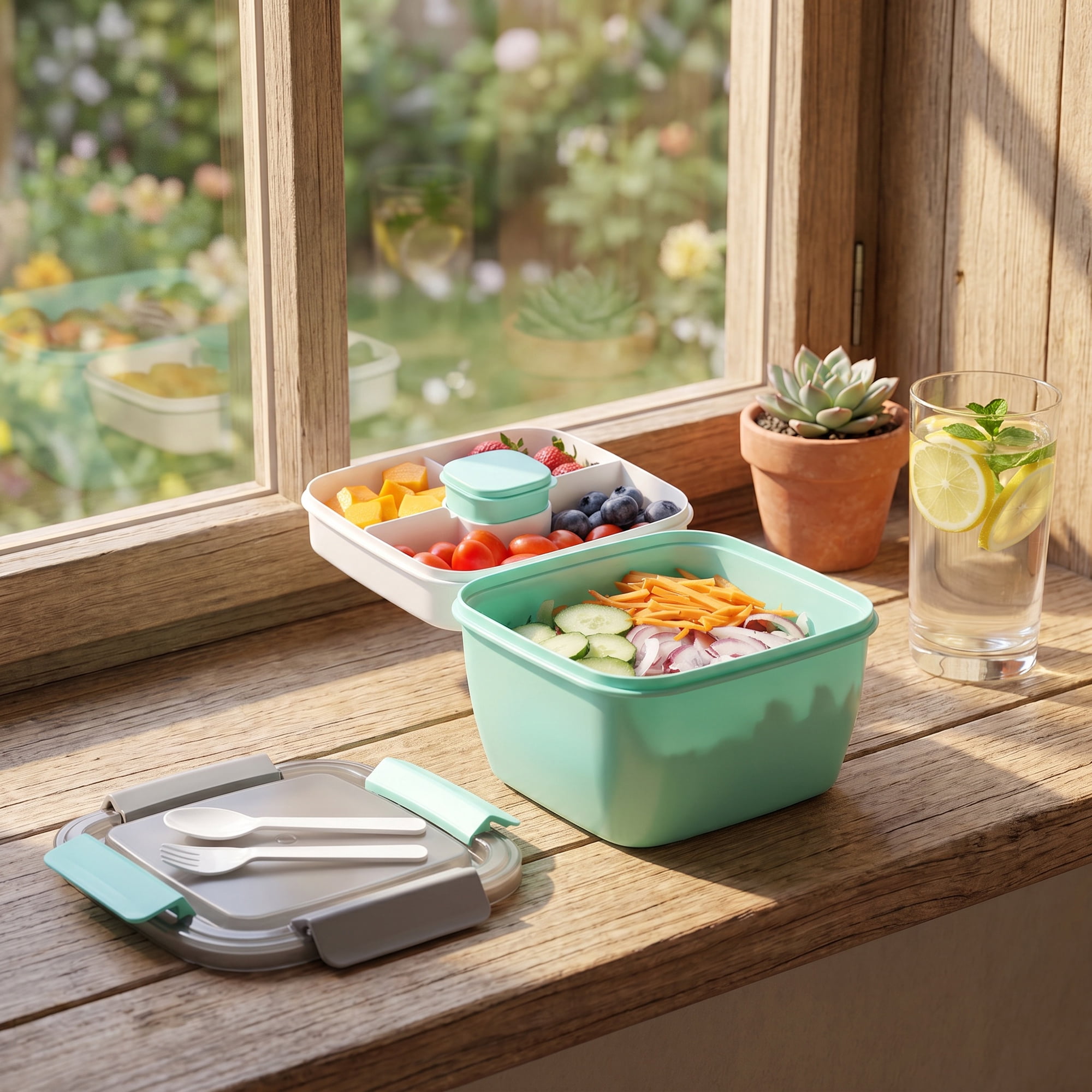 Unique Bargains Lunch Leak-Proof Meal Prep Container with Dressing Cup Green-2
