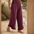 thumbnail image 5 of Women Linen Pants Summer Wide Leg Pants Smocked Waist Ruffle Hem Palazzo Pant Boho Flowy Beach Pant with Pocket, 5 of 6