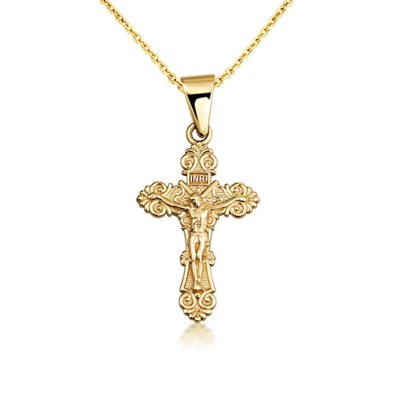 10k Yellow Gold Crucifix Jesus Cross Floral Pendant Necklace with 16" Chain