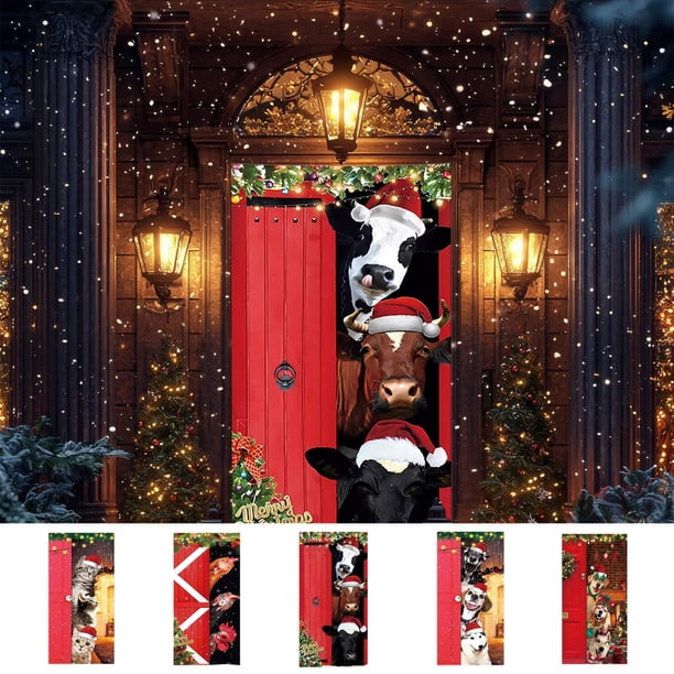 Cubierta de puerta de Navidad - Tapiz navideño de poliéster rojo para decoraciones de puerta principal, 200x90 cm Decoración festiva de Papá Noel para casa y fiesta