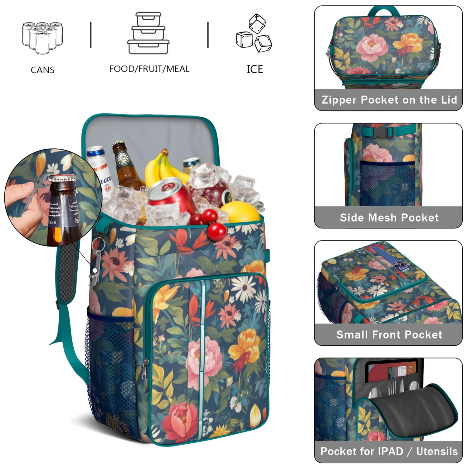 Travel Cooler Bag - Pioneer Flower Floral Print Pattern Camping Beer Cooler Backpack with Bottle Opener- Waterproof Insulated Picnic Backpacks - Cooler Bag for Beach