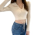 thumbnail image 2 of Slatcetga Long Sleeve Turn Down Collar Rib Knit Top Shirt Women Short Wrap V Neck Tie Front Knit Open Front Outwear Apricot Free Size for 82.7-132.3lb, 2 of 8