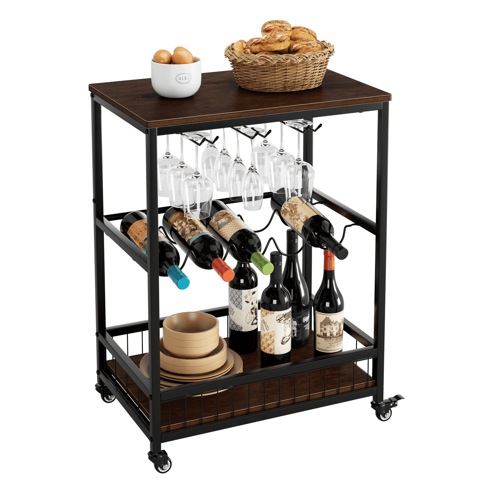 Homfa Wine Bar Cart, Small Rolling Serving Cart with Wine Rack and Glass  Holders for Home Kitchen, Rustic Brown Finish 