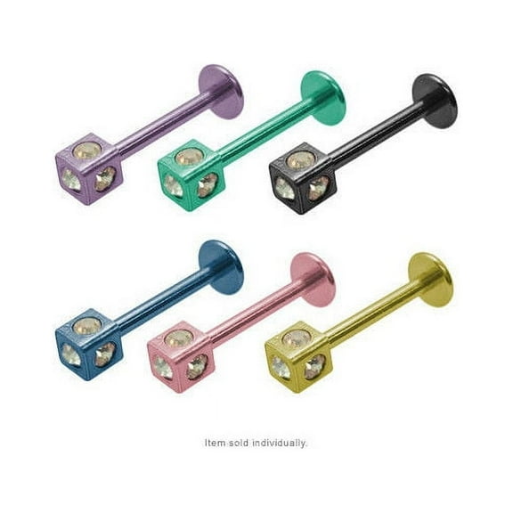 Anodized Titanium Labret Monroe 14G Lip Jewelry with Jeweled Square - 6 Colors