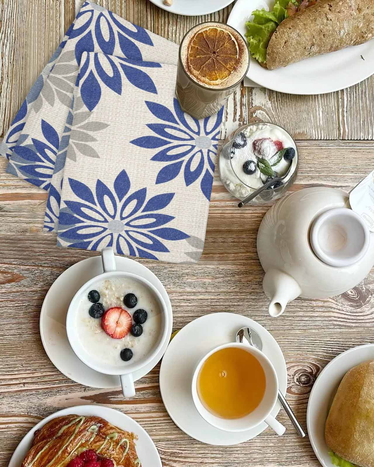 Geometric Flower Kitchen Dish Towels for Drying Dishes Set of 2, Vintage Country Floral Blue Grey on Linen Waffle Weave Microfiber Hand Tea Bathroom Towels Quick Dry & Absorbent Towel 15.7x23.6