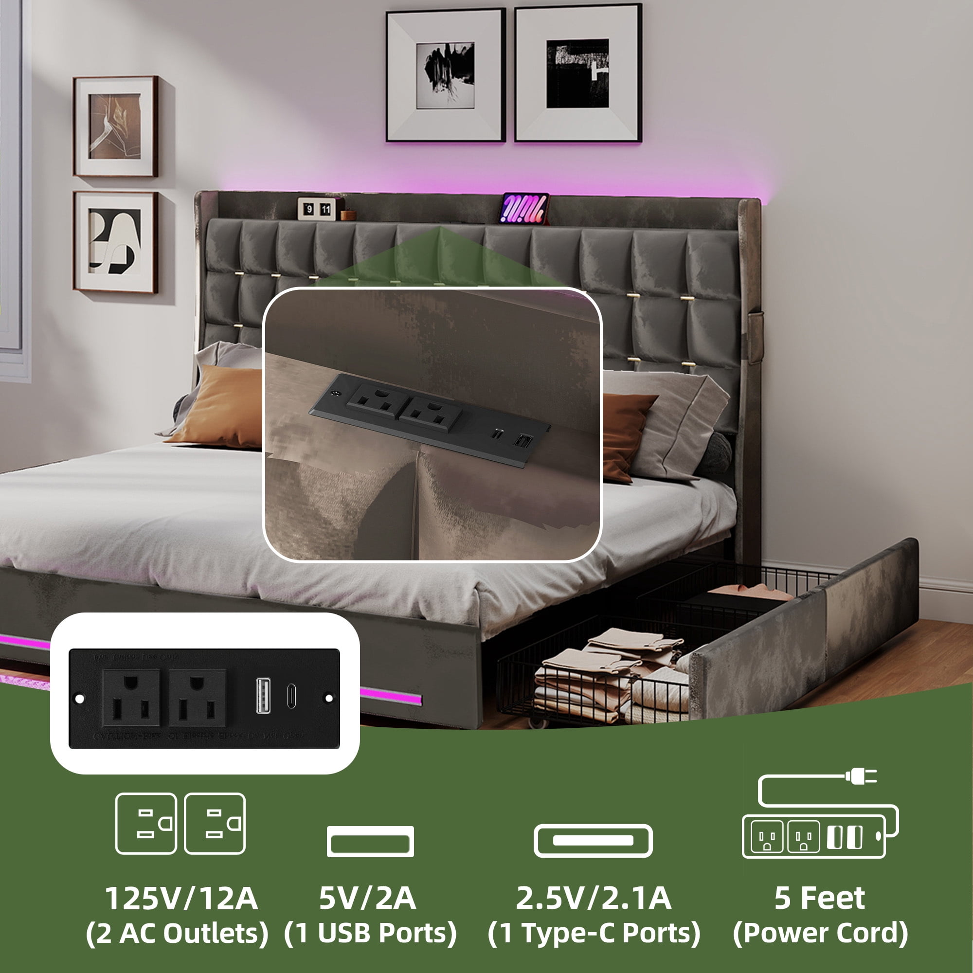 Uforic Upholstered Bed Frame with Charging Station & Drawers, King Size Bed Frame with LED Lights, Gray