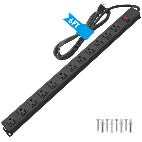 VILONG 12-Outlet Long Power Strip with 1200J Surge Protector, 6ft Extension Cord Adapters – for Industrial, Garage & Workshop Use (Black, ETL Listed)