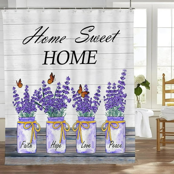 Purple Lavender Shower Curtain Rustic Lavender Floral Bathroom Shower Curtains Farmhouse Flower Home Sweet Home Waterproof Polyester Fabric Bathroom Decor Curtain with Hooks 72x72 Inches