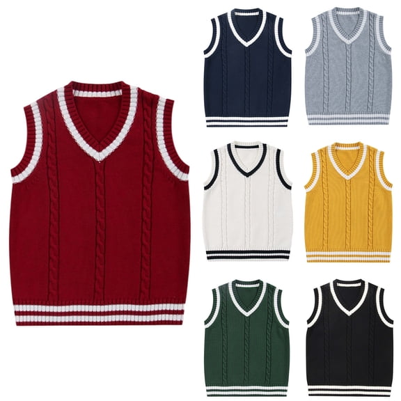 RTKFRFLM Kids Cable Knit Sweater Vest Classic V-Neck Sleeveless Preppy Style Pullover Black 3-4 Years