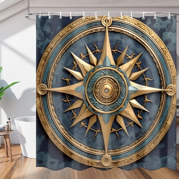 Vintage Compass Painted Shower Curtains, Nautical Waterproof Fabric Shower Curtain, Washable Polyester Bath Curtain for Bathroom with Hooks 36"W x 72"H