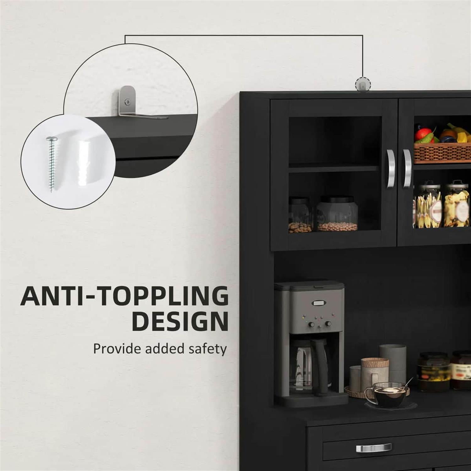 Demi Bonn 67" Buffet Hutch, Modern Kitchen Storage Cabinet, Freestanding Glass Door Pantry, Shelves & Drawers for Home Decor, Black