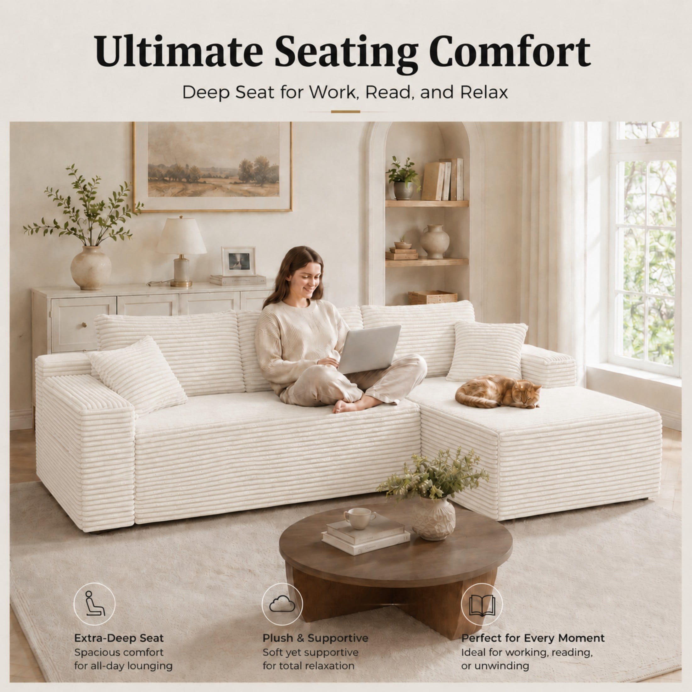 Aenkyo 106 Inch Corduroy L-Shaped Cloud Sectional Sofa with Reversible Chaise, Cream