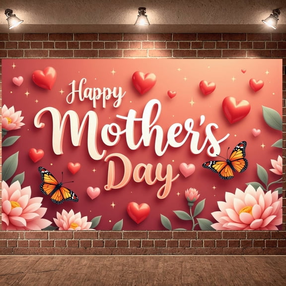 Red Tone Happy Mother's Day Banner Heart Pattern Mother's Day Backdrop Floral Design Butterfly Loving Mom Banner for Mother's Day Party Family Gathering Photo Shoot