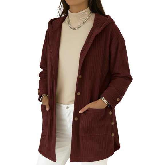 Womens Long Sleeve Corduroy Jacket Fall Button Up Hooded Coat with Pocket Trendy Loose Fit Sweatshirt Coats Deep Red L