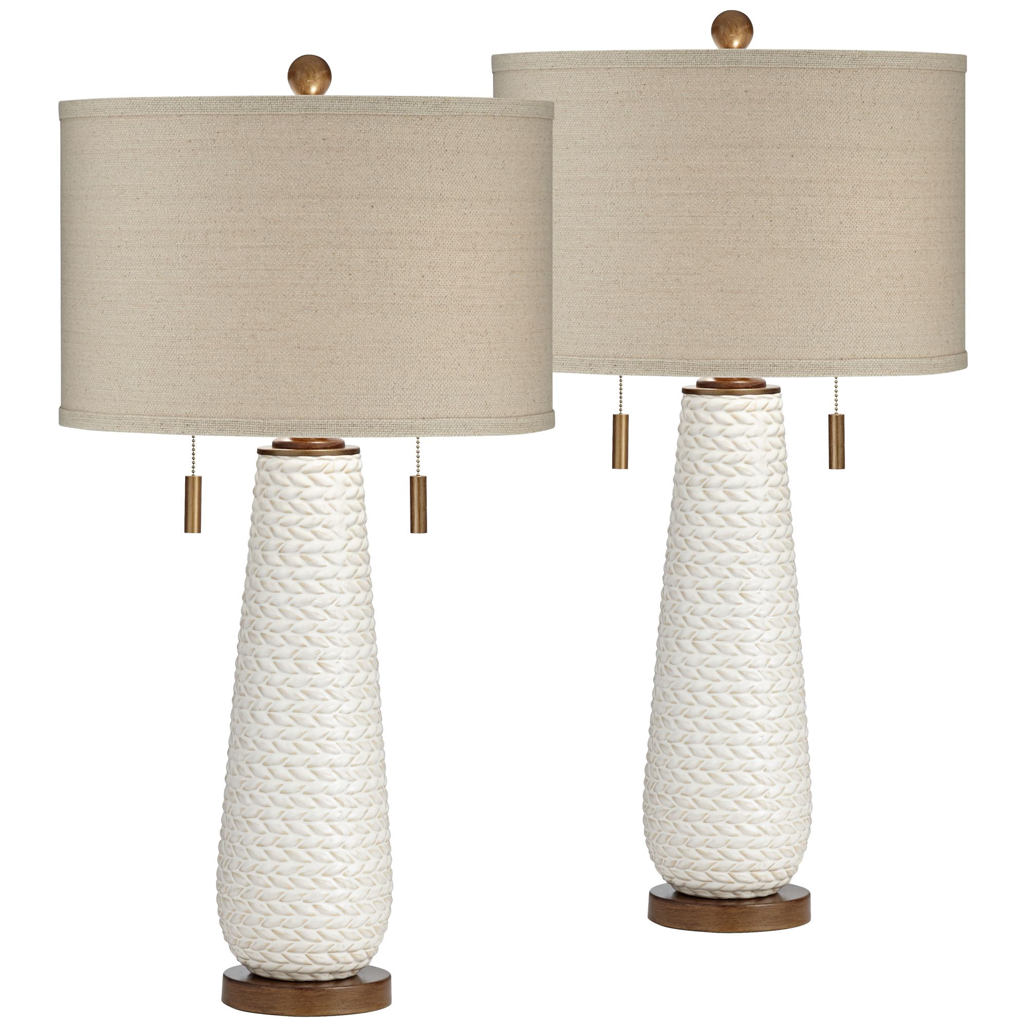 Possini Euro Design Kingston Modern Mid Century Table Lamps 32 3/4" Tall Set of 2 White Textured Ceramic Taupe Drum Shade for Bedroom Living Room Home