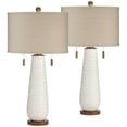 thumbnail image 2 of Possini Euro Design Kingston Modern Mid Century Table Lamps 32 3/4" Tall Set of 2 White Textured Ceramic Taupe Drum Shade for Bedroom Living Room Home, 2 of 9