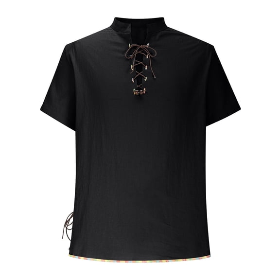 Henley T Shirt Mens Lace Up V Neck Medieval Gothic Henley Shirts Solid Color Short Sleeve Summer Shirts Regular Fit Tshirts Plain Stand Collar Tee Shirt Casual Vacation Beach Yoga Tops